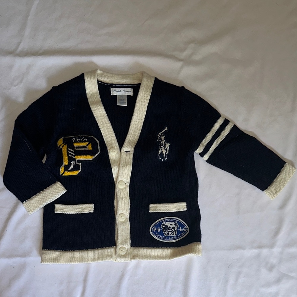 Ralph Lauren Navy and Cream Boys Cardigan Sweater with Patches